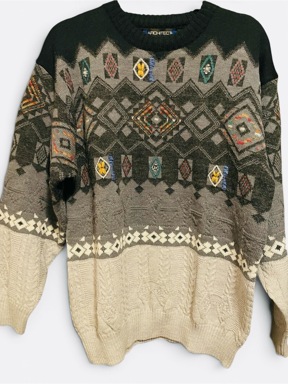 1980’s Architect Gray Embroidered Patterned Crewneck Wool Blend Sweater